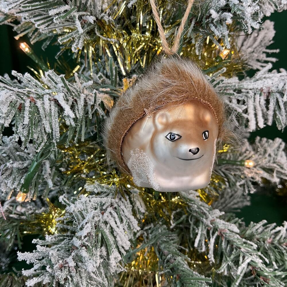 Woodland Blown Glass Hedgehog Christmas Ornament Soft Fur Back Glitter Accents
